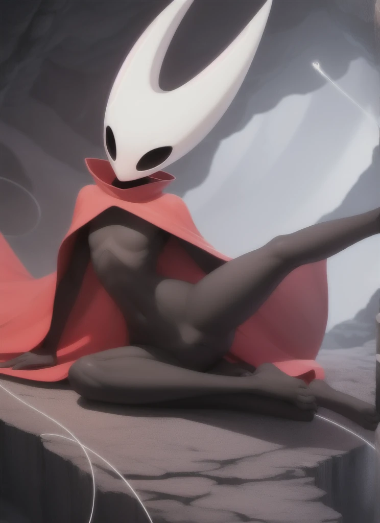 hornet, cute, chibi, bare feet, furry girl, anthro, thread, He lies with his legs spread apart, solo, beautiful sexy body, skinny, open red small cloak, medium breasts, medium hips,  (best quality), (detailed dark cave background:1.2), looking at viewer, flat colors, 