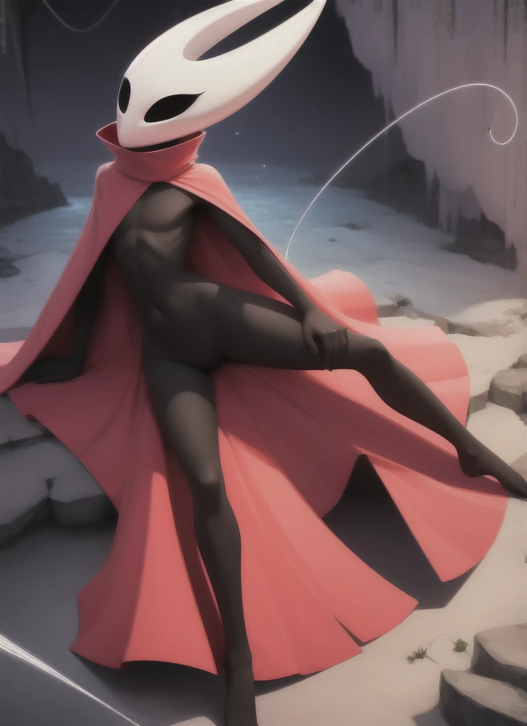 hornet, cute, chibi, bare feet, furry girl, anthro, thread, On his knees, solo, beautiful sexy body, skinny, open red small cloak, medium breasts, medium hips,  (best quality), (detailed dark cave background:1.2), looking at viewer, flat colors, 