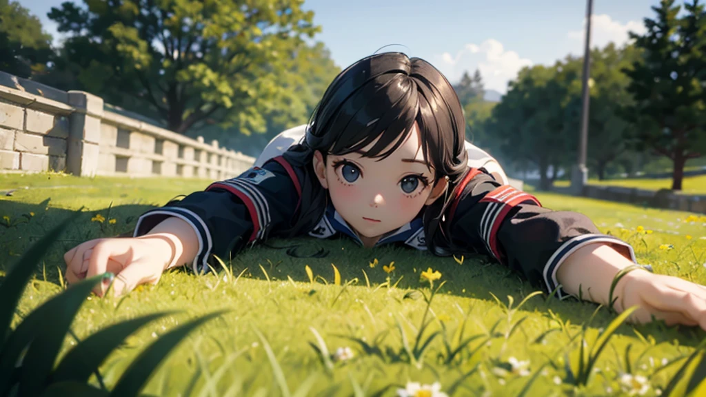 Girl doll、bank、river、bridge、Enjoying airsoft、uniform、Crawling through the grass,octane render、(Hyper-detailing: 1.15)、cinematic lightening、super fine eyes、Full Paint、Anatomically correct、Blur、Depth of written boundary