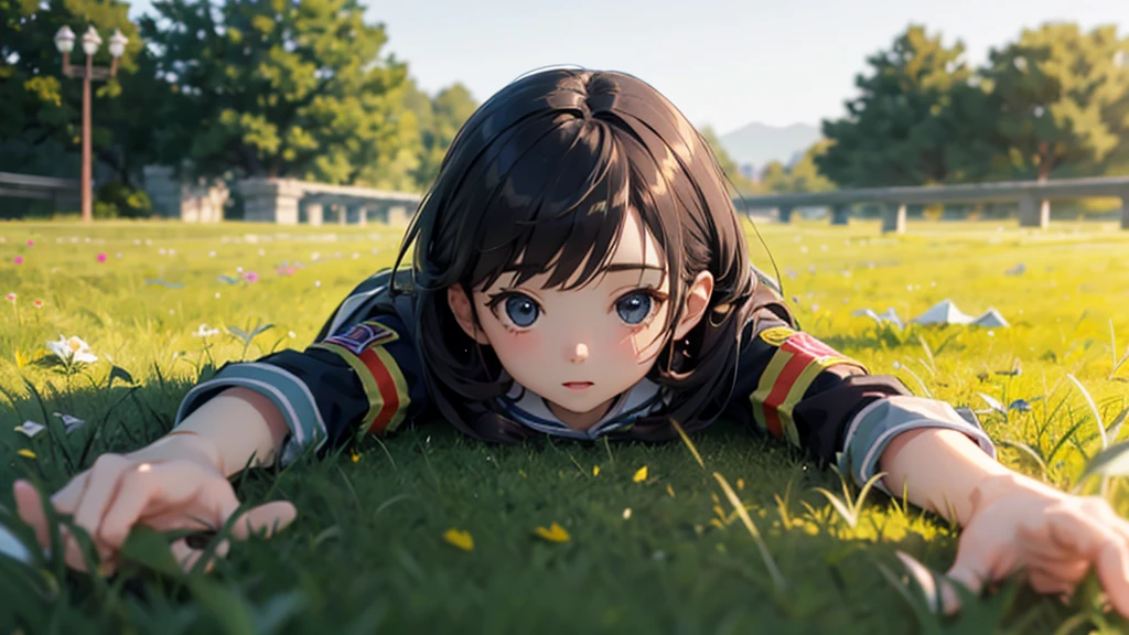 Girl doll、bank、river、bridge、Enjoying airsoft、uniform、Crawling through the grass,octane render、(Hyper-detailing: 1.15)、cinematic lightening、super fine eyes、Full Paint、Anatomically correct、Blur、Depth of written boundary