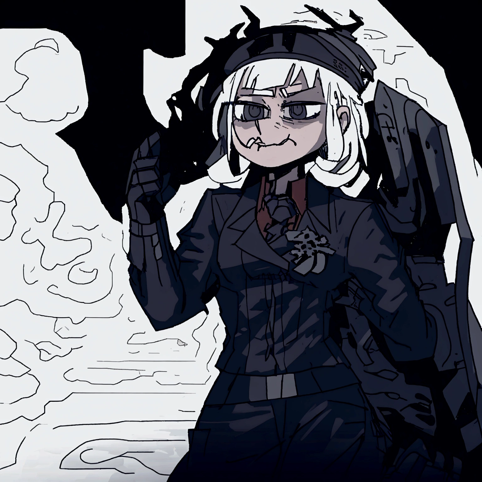Male character of medium height, military hat with a skull, dark military clothing, detailed face,