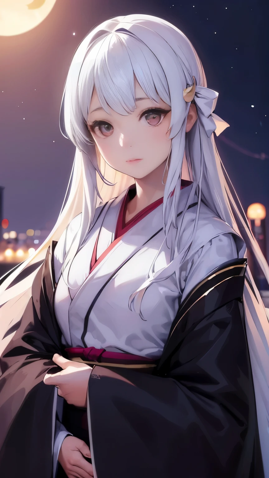 One girl, Beautiful Face, ((White eyes)), Kimono pose, Front facing,Crescent moon in the background, performer, space, (Lightroom:1.13), Soft Light, (Natural skin texture:1.2), (Hyperrealism:1.2), Sharp focus, Concentration,[[Realistic]]