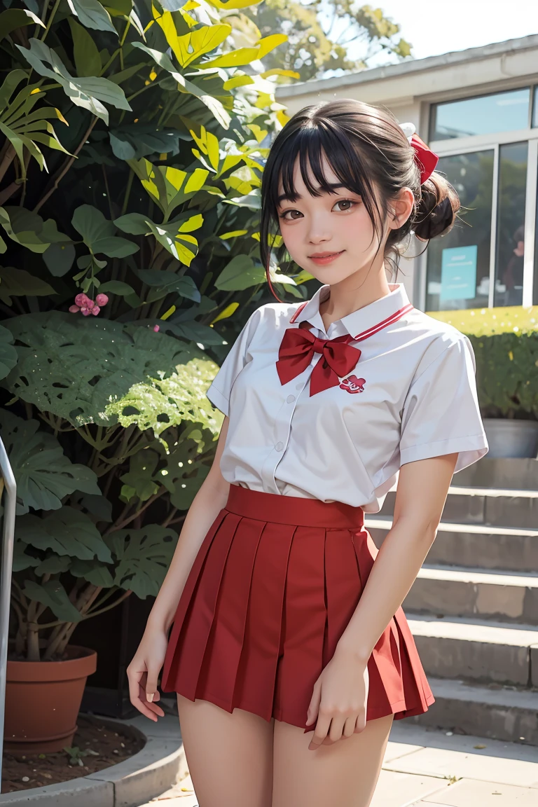 girl standing in school park,sailor shirt with red bow tie,school skirt,18-year-old,bangs,a little smiles,thighs,knees,from below