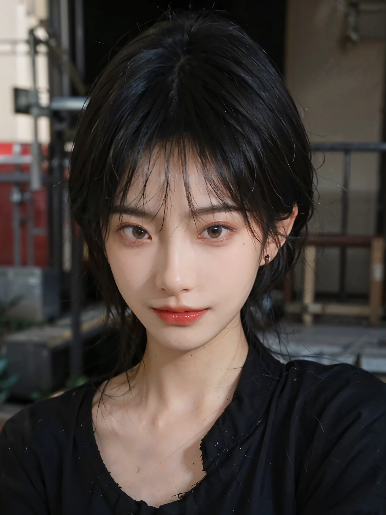(Skin details:1.4), (smooth skin textures:1.3), （Upper body：1.4），（Upper Body：1.3)，(Black clothes:1.4)，Lipstick, background, earrings, serene, calm, (Realistic and detailed eyes：1.2）, Natural skin texture, Realistic facial details, Soft dramatic lighting, Vivid details, 35 mm film, outdoor, (Photo Practical:1.4), (hyper Practical:1.4), (Practical:1.3), (Smoother lighting:1.05), (Improve lighting quality:0.9), (Highest quality real skin textures:1.4), Exquisite eyes, Delicate face, Close-up of face, (Enhance the beauty of skin texture:1.1),0Normal body proportions, short hair, Moles under the eyes, A faint smile,Portrait Photography, Depth of Field, Bokeh, Surrealism, Ray Tracing, (Portrait Photography:1.1), Surrealism, High Detail, Chiaroscuro, Ray Tracing, reflected light, Ultra HD, Ultra HD, masterpiece, Textured Skin, Super Detail, High Detail, high quality, best quality