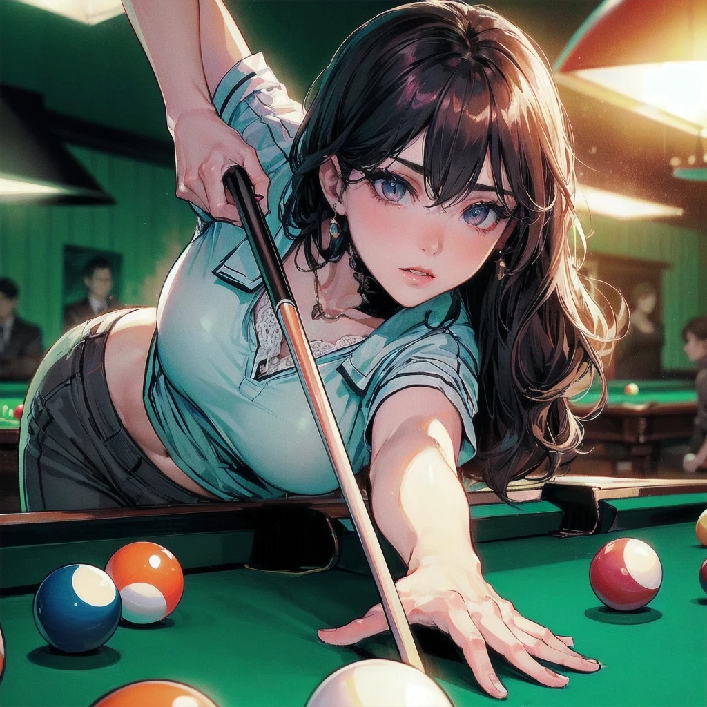 masterpiece, (textured skin), best quality, gorgeous beautiful girl, (a female billiard athlete), detailed clothes,large breasts,narrow waist,, (beautiful face), cinematic lighting, (at billiard venue ),