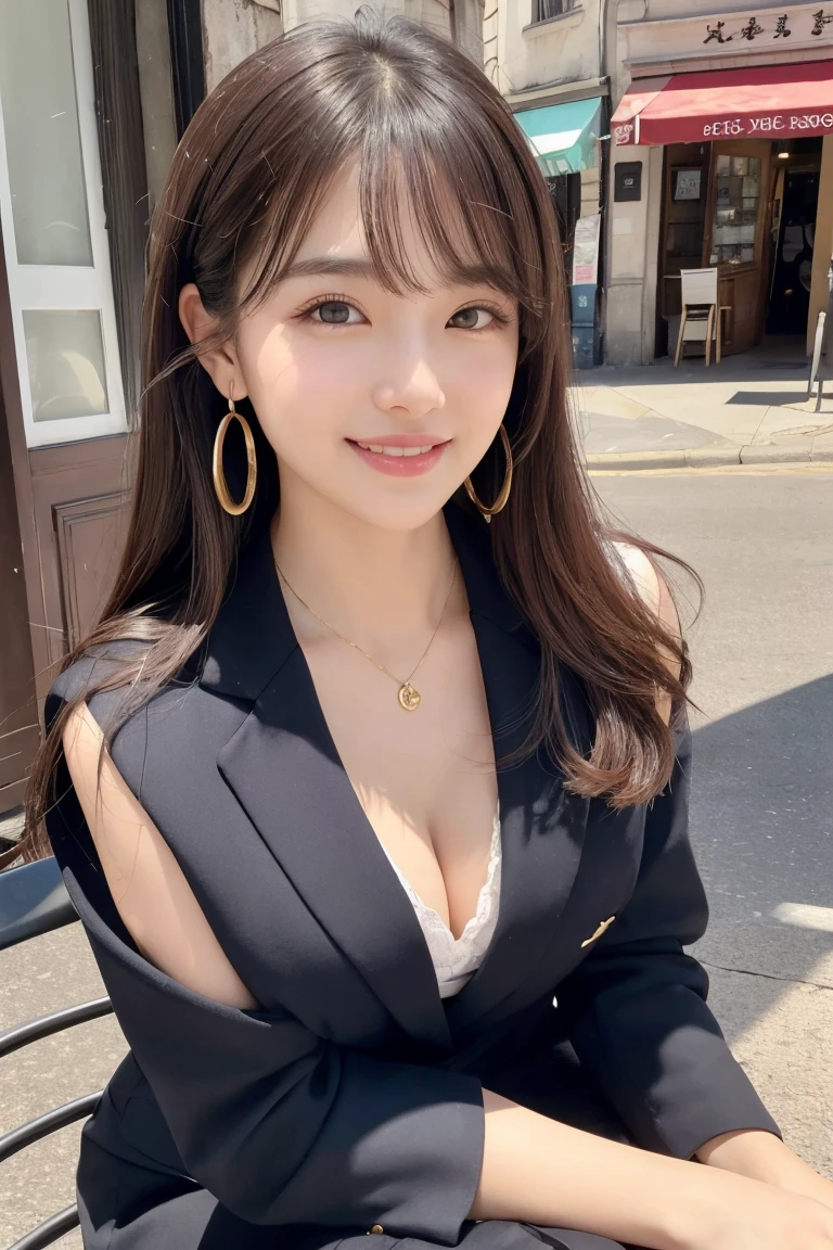 Height: 170cm, 30 years old、Save this image、Pale face and eyes:1.3、薄くてPale face and eyes:1.3, blown eyes:1.3、{highest quality}, {{masterpiece}}, {Very delicate and beautiful}, Extraordinary light and shadow, Highly detailed wallpaper, Sunny and bright, whole body, whole body、 1 girl, , blush:1.2、Messy long hair:1.5、Cut your bangs evenly at eyebrow height:1.5、Dark eyeliner、Thick eyebrows、Strong sunlight:1.3, (Business Fashion、Strict suit)、 Delicate Hair,Realistic skin texture, B cup breasts、Visible wrinkles on the skin., Broad shoulders:1.5, ((A strong light shines on your face:1.5)), Posing with her hair up:1.5, necklace、ring、earrings、(Smiling with teeth showing:1,5)、Street corner cafe interior background:1.5, Sitting with legs crossed on a cafe chair、 Ray Tracing、