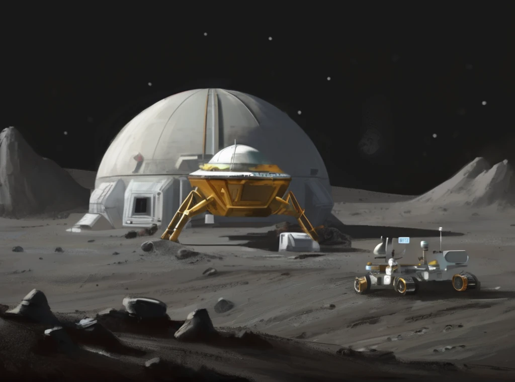 Sci-Fi Space Biodome on the Moon, Background crater, Lunar rovers and spacecraft, (Civ6BG Paint Style) 