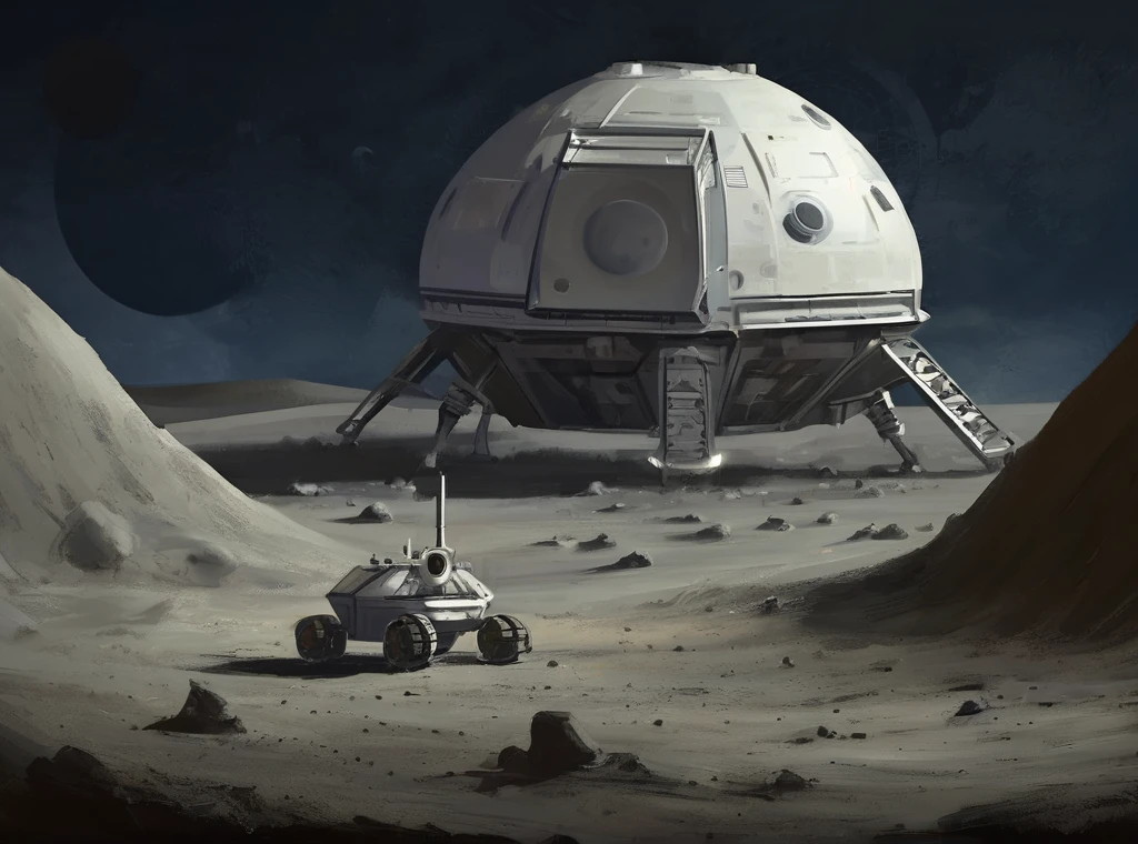 Sci-Fi Space Biodome on the Moon, Background crater, Lunar rovers and spacecraft, (Civ6BG Paint Style) 