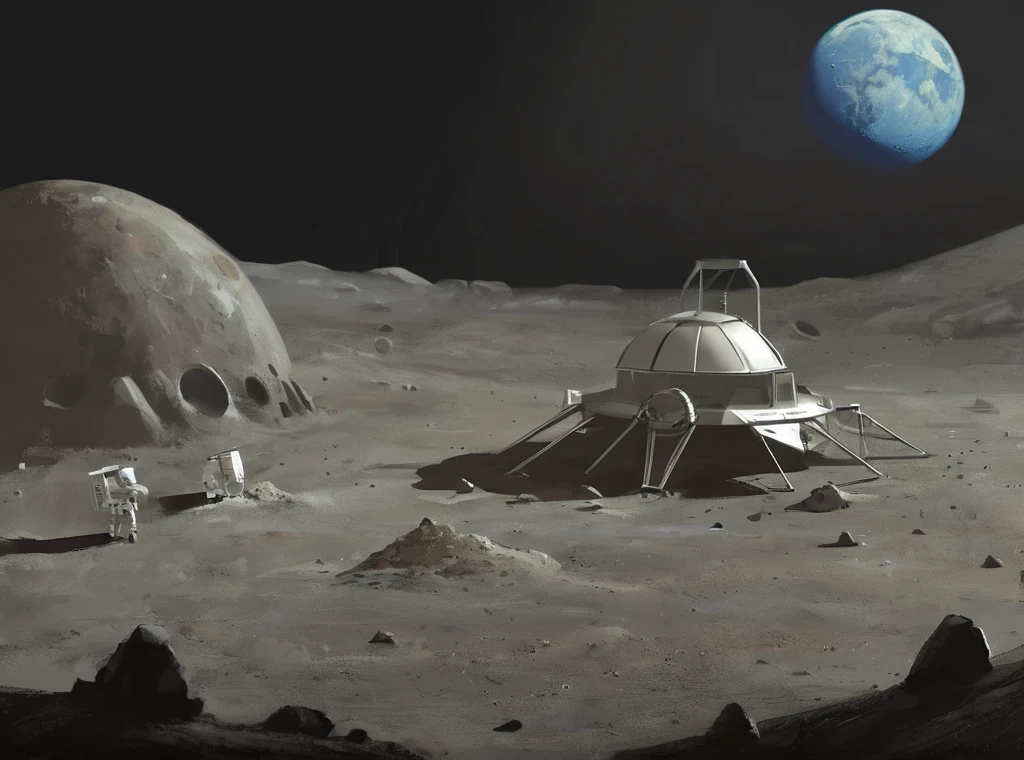 Sci-Fi Space Biodome on the Moon, Background crater, Lunar rovers and spacecraft, (Civ6BG Paint Style) 