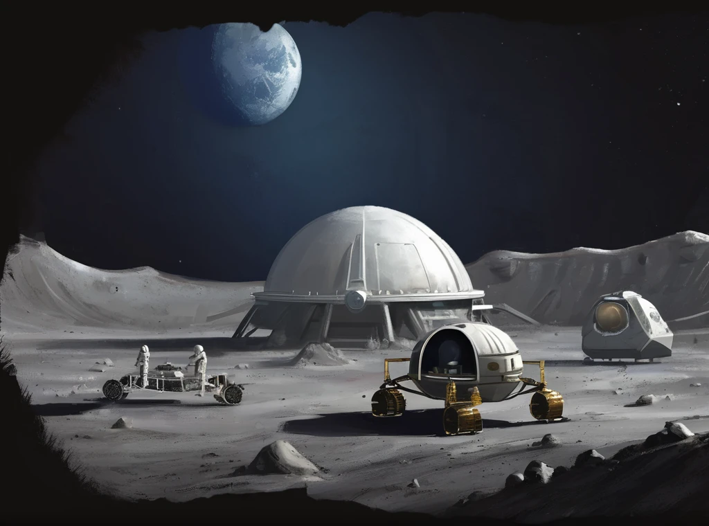 Sci-Fi Space Biodome on the Moon, Background crater, Lunar rovers and spacecraft, (Civ6BG Paint Style) 