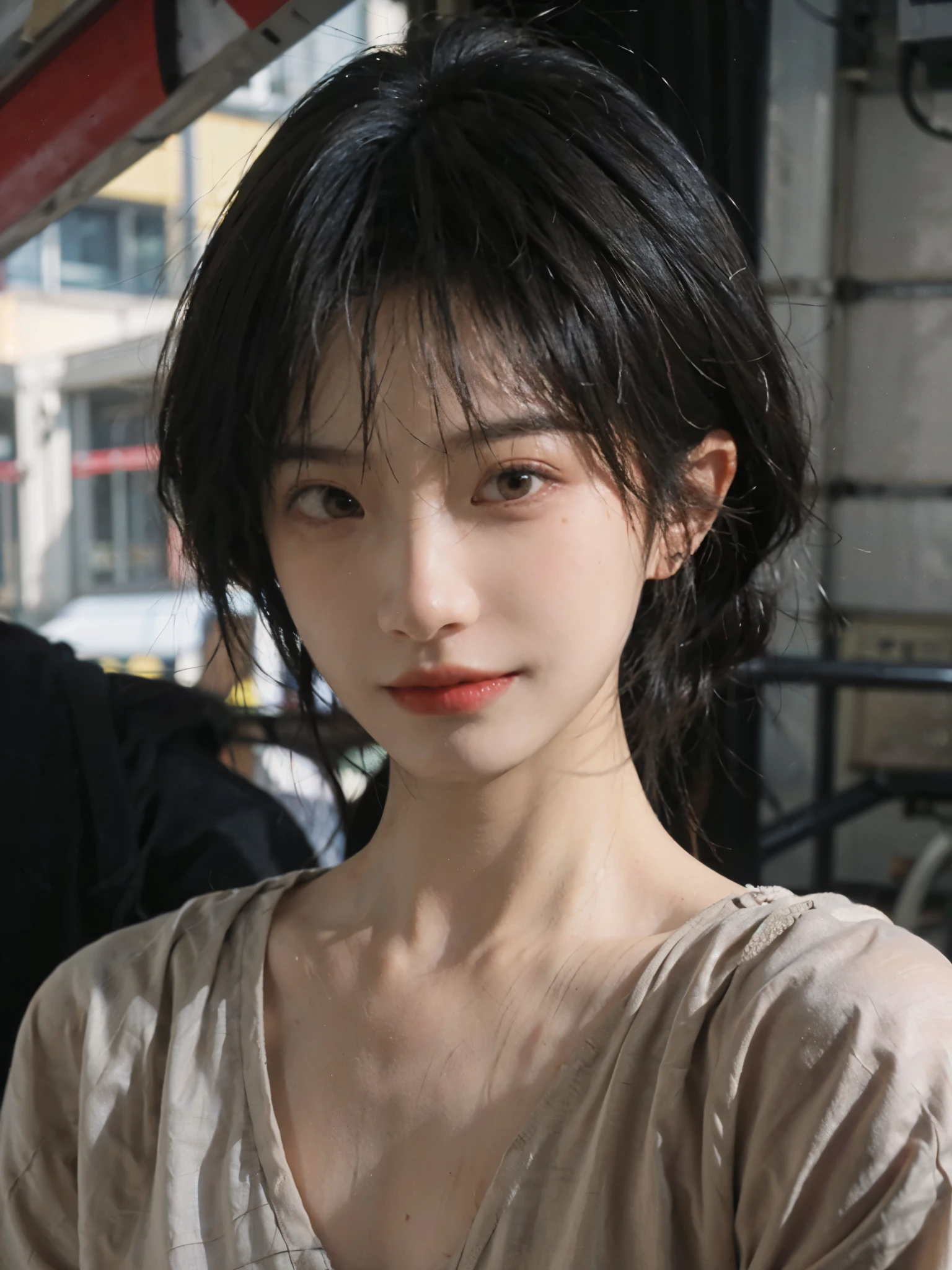 (Skin details:1.4), (smooth skin textures:1.3), (Upper body:1.4),(Upper Body:1.3),(Black clothes:1.3),Lipstick, background, earrings, serene, calm, (Realistic and detailed eyes:1.2), Natural skin texture, Realistic facial details, Soft dramatic lighting, Vivid details, 35 mm film, outdoor, (Photo Practical:1.4), (hyper Practical:1.4), (Practical:1.3), (Smoother lighting:1.05), (Improve lighting quality:0.9), (Highest quality real skin textures:1.4), Exquisite eyes, Delicate face, Close-up of face, (Enhance the beauty of skin texture:1.1),0Normal body proportions, short hair, Moles under the eyes, A faint smile,Portrait Photography, Depth of Field, Bokeh, Surrealism, Ray Tracing, (Portrait Photography:1.1), Surrealism, High Detail, Chiaroscuro, Ray Tracing, reflected light, Ultra HD, Ultra HD, masterpiece, Textured Skin, Super Detail, High Detail, high quality, best quality