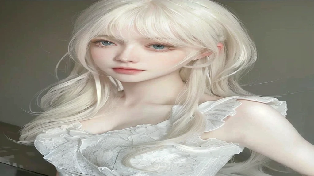 blonde girl with long hair and white dress, hair is long, white and smooth, pale porcelain white skin, pale milky white porcelain skin, young woman with white hair, has long white hair, porcelain white skin, perfect white hair girl, has long white hair, long blonde hair and big eyes, plays piano