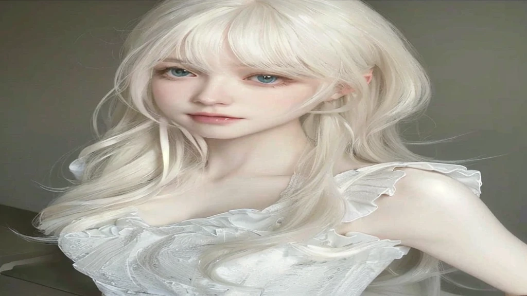 blonde girl with long hair and white dress, hair is long, white and smooth, pale porcelain white skin, pale milky white porcelain skin, young woman with white hair, has long white hair, porcelain white skin, perfect white hair girl, has long white hair, long blonde hair and big eyes, plays piano
