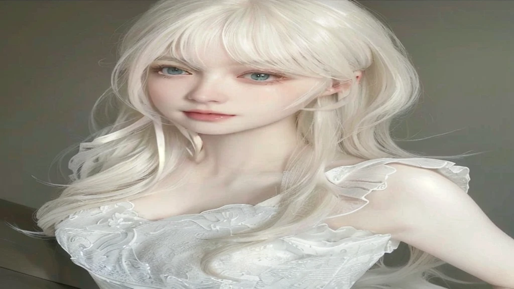 blonde girl with long hair and white dress, hair is long, white and smooth, pale porcelain white skin, pale milky white porcelain skin, young woman with white hair, has long white hair, porcelain white skin, perfect white hair girl, has long white hair, long blonde hair and big eyes, plays piano