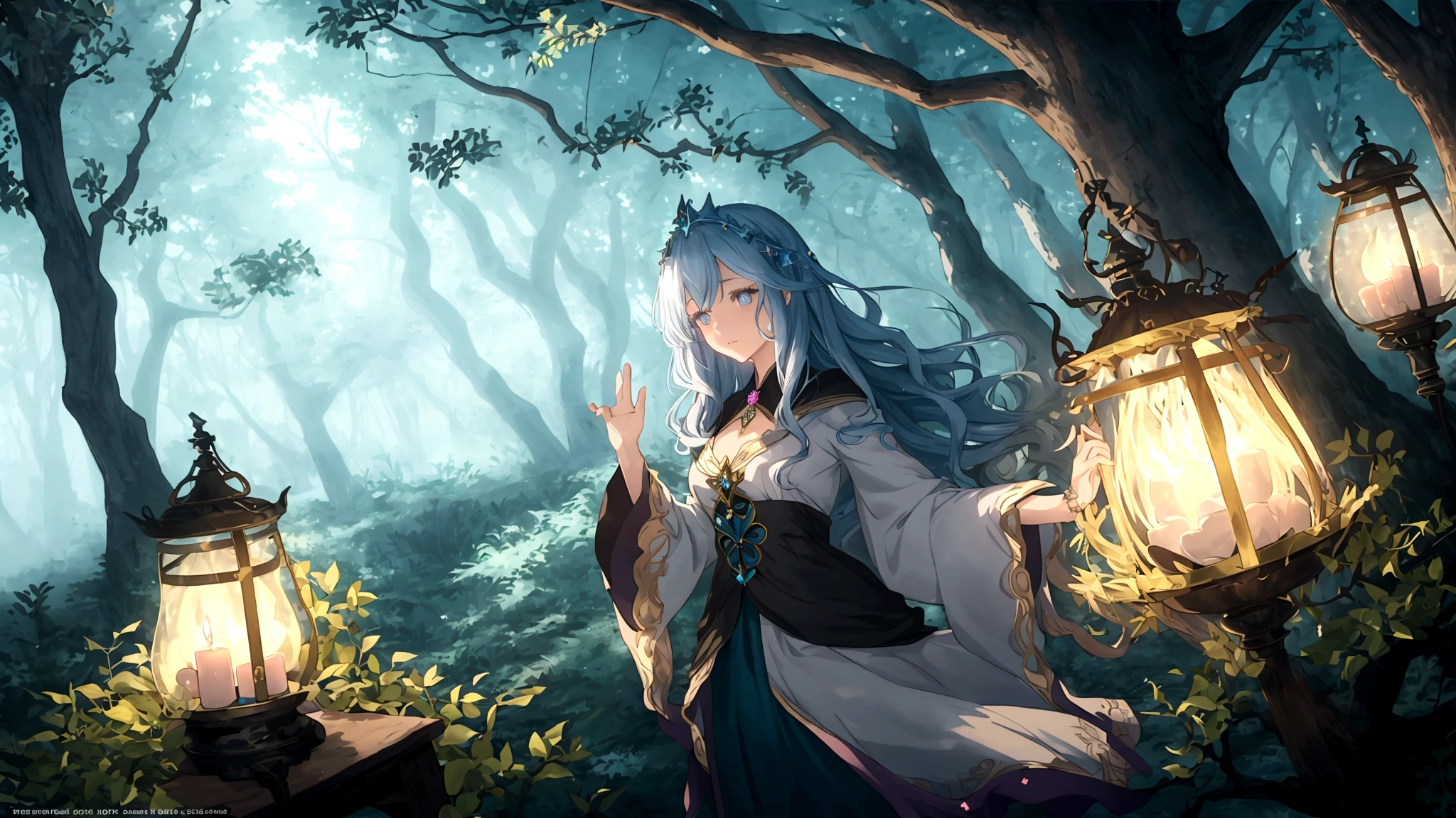 An anime-style image depicting a mystical forest where shadows dance and play. In the heart of this enchanted forest, a witch with long, flowing hair is dancing and waving her wand under the old oak tree. She is surrounded by soft moonlight and starlight. The scene is magical and whimsical, with a hint of romance and ancient lore. The background includes soft, pastel colors to enhance the dreamy and mystical mood. The witch has a wild and free heart, casting spells of wonder and guiding lost souls with her ever-glowing light. No fairies are present, and she is not brewing potions.