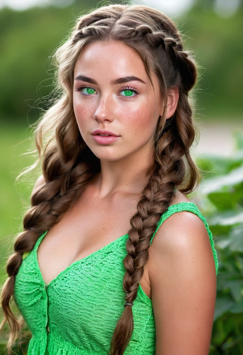 25 year old girl with targaryen style braided wavy long hair, freckles, green eyes and brown hair Beautiful realistic , a 25 year old beautiful girl, brunette hair, (((bright green eyes))), youthful, big lips, small nose, thick eyebrows, round youthful cheeks, long hair, tanned skin, pink tight blouse on