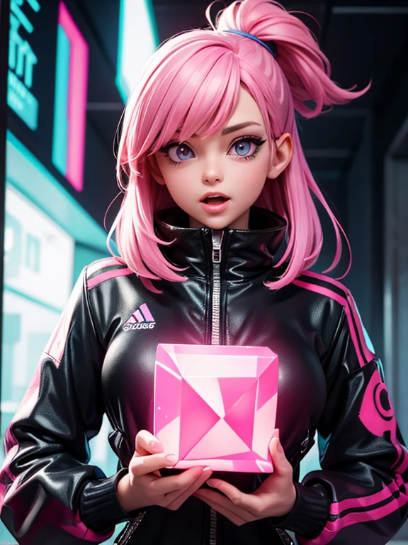 woman in a pink jacket holding a cube with a glowing face, transhumanist cyberpunk cube, (cyberpunk) pink hair 1 girl, highly detailed eyes, open mouth.