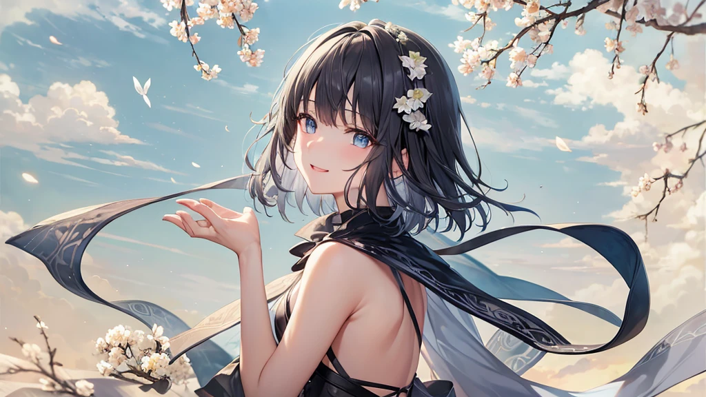 Ultra HD,Look at the viewers, Put your hands behind your back, With a girl, 20-year-old, 非常にShort Hair, Long bangs between the eyes, Pale blue eyes, Very detailed,(masterpiece、Highest quality),Gray Hair、Laughter、Fantastic, Silver Hair, Iris, Short hair、 Fluttering Hair、Small Face、明るいsmile、(Detailed face) ,Professional Lighting,Wonderful landscape,blue sky, sunlight,Looking down from above,Portraiture、Open your mouth、Flower Field、Her eyes were shining、Mysterious and enchanting atmosphere。With AI Painting、とてもShort Hair, Long bangs between the eyes, Very detailed,(masterpiece、Highest quality)、alone、Gray Hair、Fantasy, Silver Hair, Fantasyな風景、White shirt、smile、Open your mouth、short hair、Short Hair、hairpin、black eye、Grey Eyes、Beautiful Eyes、