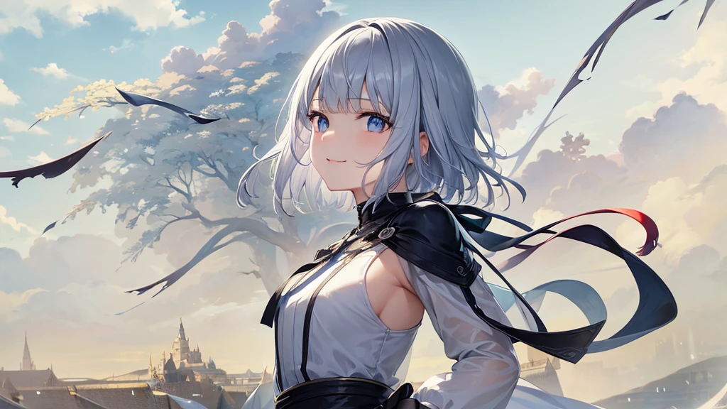 Ultra HD,Look at the viewers, Put your hands behind your back, With a girl, 20-year-old, 非常にShort Hair, Long bangs between the eyes, Pale blue eyes,  Very detailed,(masterpiece、Highest quality),Gray Hair、Laughter、Fantastic, Silver Hair, Iris,  Short hair、 Fluttering Hair、Small Face、明るいsmile、(Detailed face) ,Professional Lighting,Wonderful landscape,blue sky, sunlight,Looking down from above,Portraiture、Open your mouth、Flower Field、Her eyes were shining、Mysterious and enchanting atmosphere。With AI Painting、とてもShort Hair, Long bangs between the eyes, Very detailed,(masterpiece、Highest quality)、alone、Gray Hair、Fantasy, Silver Hair, Fantasyな風景、White shirt、smile、Open your mouth、short hair、Short Hair、hairpin、black eye、Grey Eyes、Beautiful Eyes、