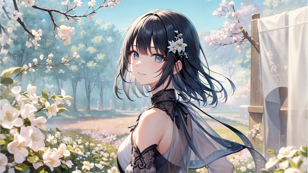 Ultra HD,Look at the viewers, Put your hands behind your back, With a girl, 20-year-old, 非常にShort Hair, Long bangs between the eyes, Pale blue eyes,  Very detailed,(masterpiece、Highest quality),Gray Hair、Laughter、Fantastic, Silver Hair, Iris,  Short hair、 Fluttering Hair、Small Face、明るいsmile、(Detailed face) ,Professional Lighting,Wonderful landscape,blue sky, sunlight,Looking down from above,Portraiture、Open your mouth、Flower Field、Her eyes were shining、Mysterious and enchanting atmosphere。With AI Painting、とてもShort Hair, Long bangs between the eyes, Very detailed,(masterpiece、Highest quality)、alone、Gray Hair、Fantasy, Silver Hair, Fantasyな風景、White shirt、smile、Open your mouth、short hair、Short Hair、hairpin、black eye、Grey Eyes、Beautiful Eyes、