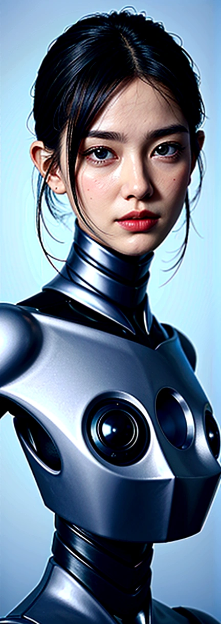 Ultra detailed complex 3D render of a beautiful porcelain profile woman android top, cloused mouth, cyborg, robotic parts, 150 mm, Beautiful soft studio light, rim-light, vibrant details, luxurious cyberpunk, lace, hiper-realisitic, anatomic, facial muscles, cable electrical wires, microchip, chic, beautiful background, octan render, hr giger style, 8K, best qualityer, Masterpiece artwork, illustration, extremely delicate and beautiful, extremely detaild, CG, unity, wall-paper, (realisitic, fotorrealisitic: 1,37) , Awesome, fine-details, Masterpiece artwork, best qualityer, offcial art, wall-paper 8K de unity CG extremely detaild, absurderes, incrivelmente absurderes, Robot, silver helmet