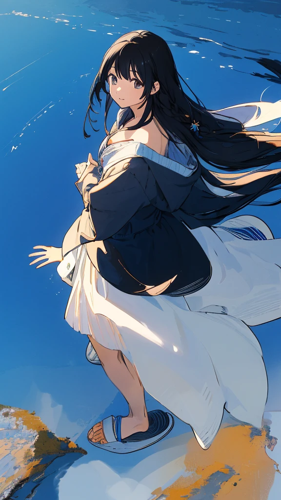 a girls, from above,black hair,long sleeves, long hair,long hair, on back,slippers,blue sky,Looking up at the sky,下からのアングル,
