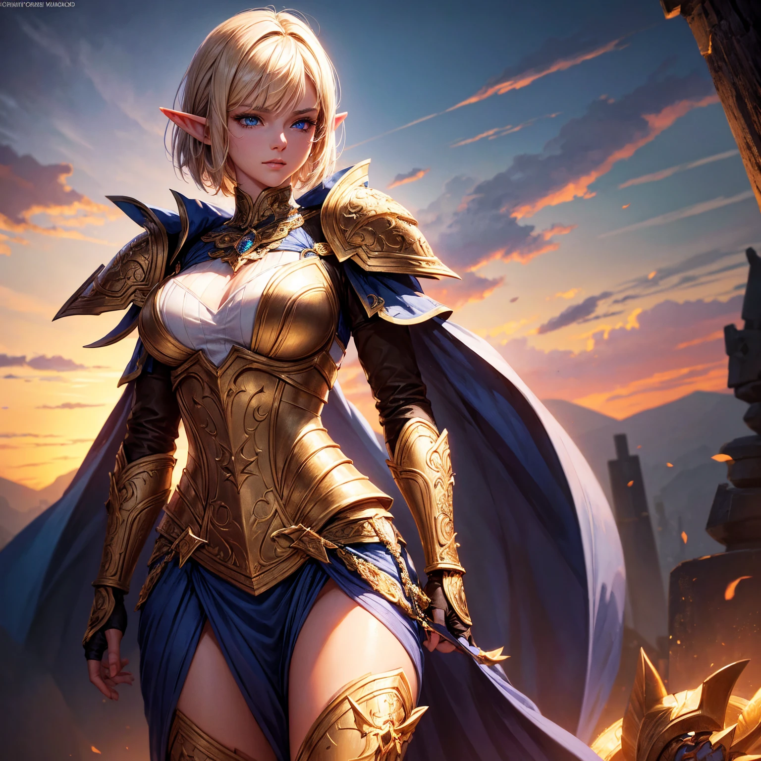 1girl, elf, short bob hair, gold hair!!!, very small breasts, long pointed ears, blue eyes, fair skin, happy face, white heavy armor plate, full body, full body, dark cave, light magic, very sexy body, detailed face, beautiful detailed eyes, beautiful detailed lips, extremely detailed eyes and face, long eyelashes, detailed clothing, intricate details, highly detailed, photo realistic, 8k, best quality, masterpiece, cinematic lighting, dramatic lighting, vibrant colors, fantasy, digital art, concept art