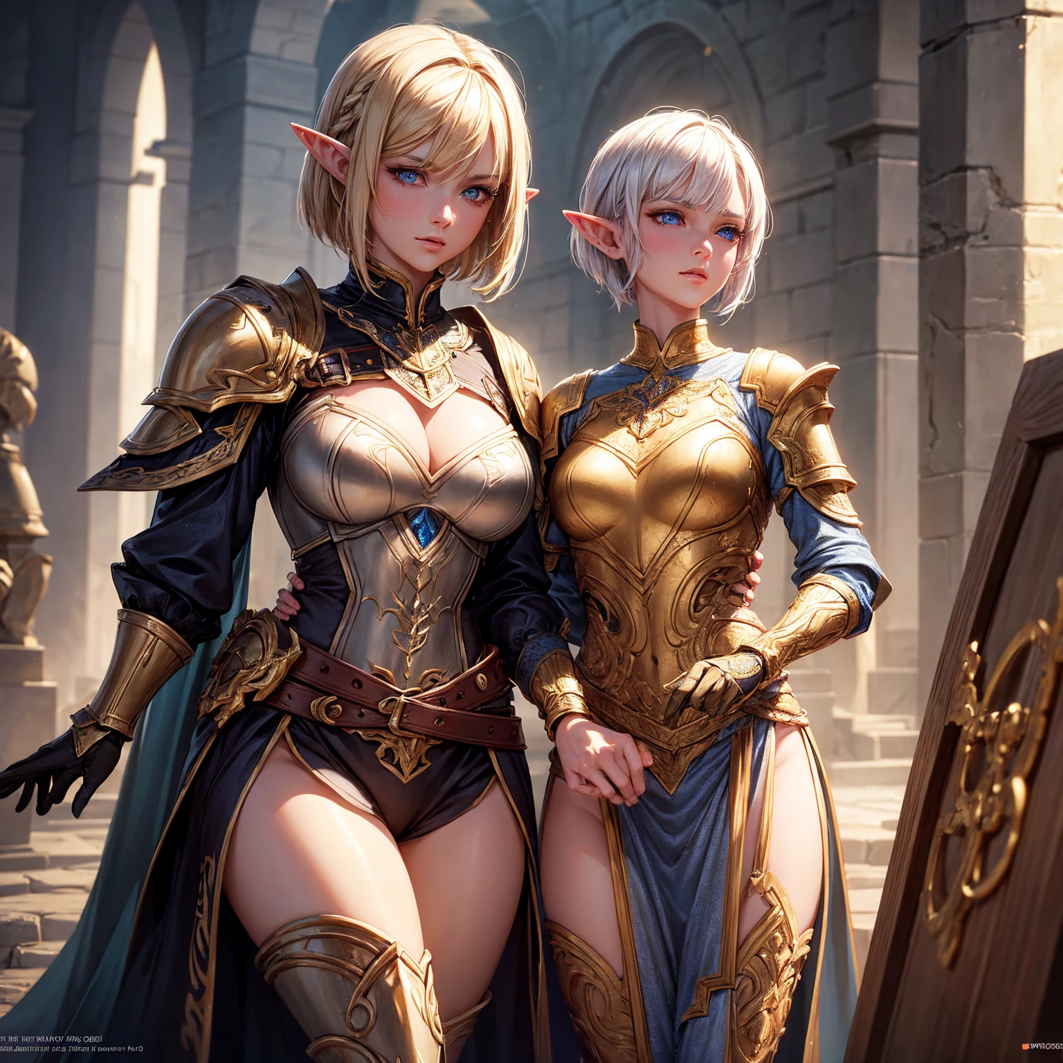 a woman, 1girl, elf, short bob gold hair, gold hair, very small breasts, long pointed ears, blue eyes, fair skin, happy face, heavy white armor plate, night, graveyard, light magic, very sexy body, detailed face, beautiful detailed eyes, beautiful detailed lips, extremely detailed eyes and face, long eyelashes, detailed clothing, intricate details, highly detailed, photo realistic, 8k, best quality, masterpiece, cinematic lighting, dramatic lighting, vibrant colors, fantasy, digital art, concept art