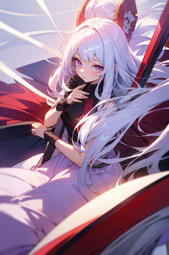a girl with middle-long white hair, bangs, light purple eyes, red promdress