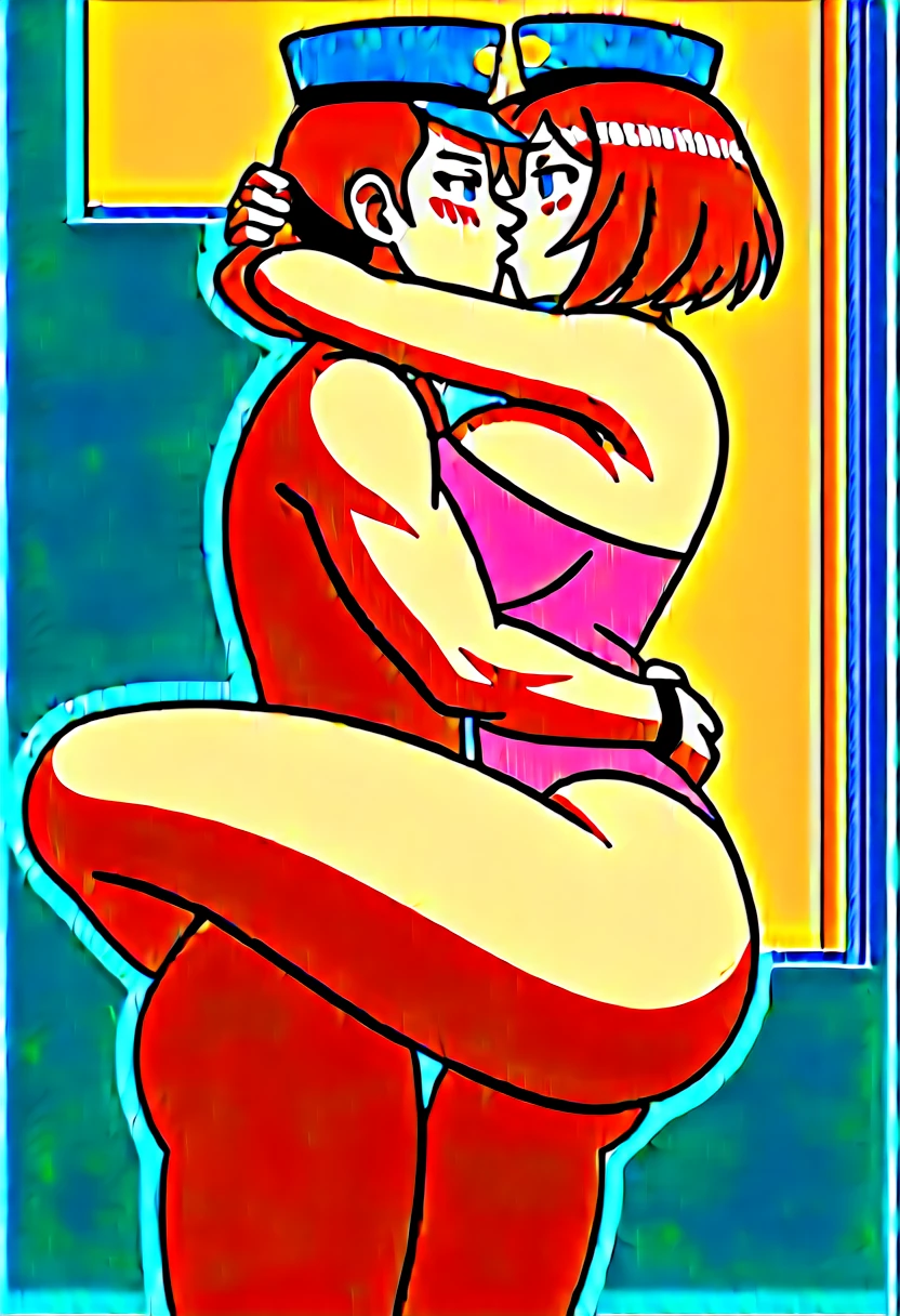 Nishikino maki, Purple eyes,red hair, curvy body, big breasts, sexy bodycone dress, strapless , sleeveless, cleavage,bare shoulders, wrist band, police cap, sweaty, blushing, standing, inside prison, embarrassed, exposed panties, bottomless,leg up ,hug , standing sex,kiss, muscular criminal male