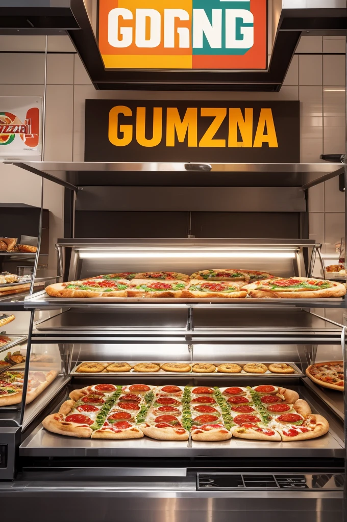 Create a modern, visually appealing logo for your company "DG Pizzeria", with the name "DG" well highlighted in the center. The design must include a realistic background that displays pizzas, hot dogs, snacks and skewers. The image must convey appetite and freshness, with well-defined elements and vibrant colors that represent the variety of foods offered. Make sure the name "DG" be the main focus, harmoniously integrated with background elements.