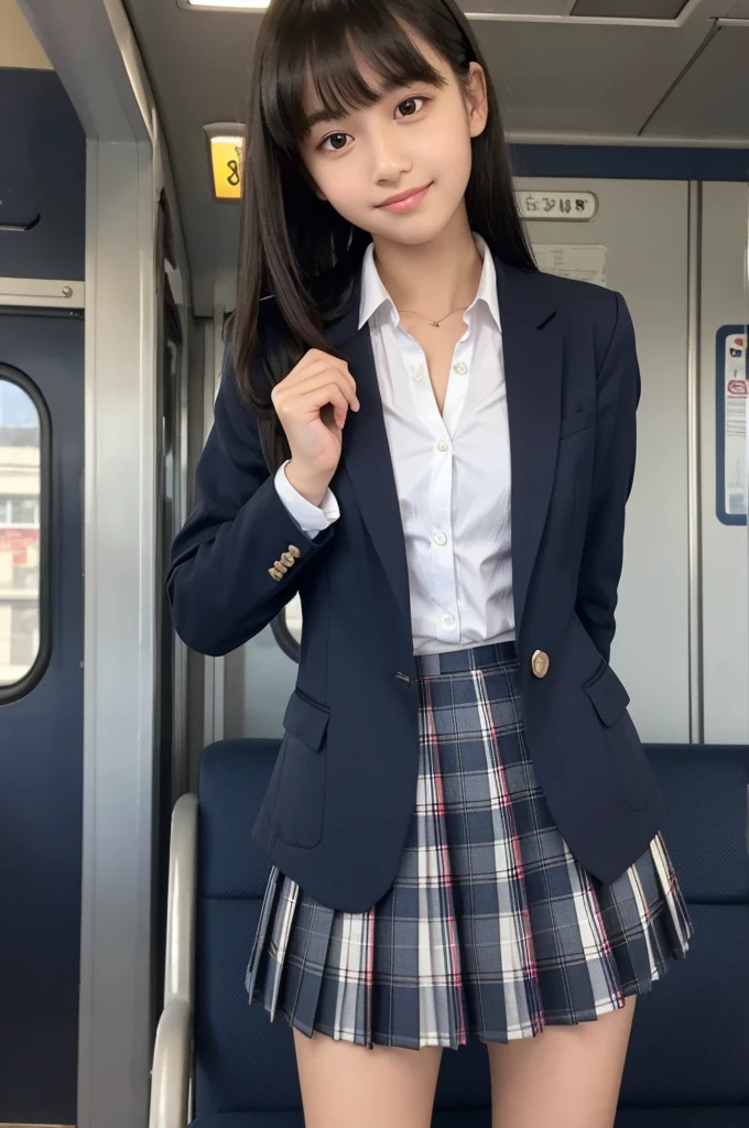 Navy Blue Blazer,Dark blue plaid pleated skirt,tie,15 years old,high school girl,Black Hair,bangs,Straight hair,ponytail,Dark Eyes,Small face,Young Face,Clean your eyes,Small Mouth,Showing teeth,thin,Young Face,,Flat Chest,Flat Chest,Flat Chest,Flat Chest,on the train,Realistic photos,8K,smile,White teeth,Ultra HD,Standing posture,whole body,rucksack,