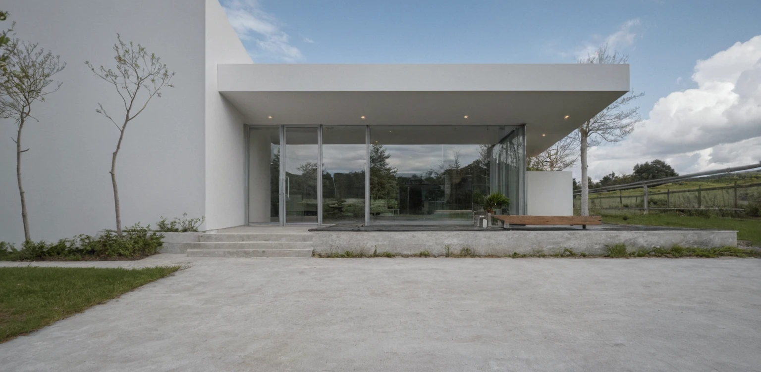Masterpiece, high quality, best quality, authentic, super detail, outdoors, onestoreyvillaXL, aiaigroup, house style modern on the street ,stairs, white wall ,road,pavement, grass, trees, sky, cloud, (daylight:1.1)