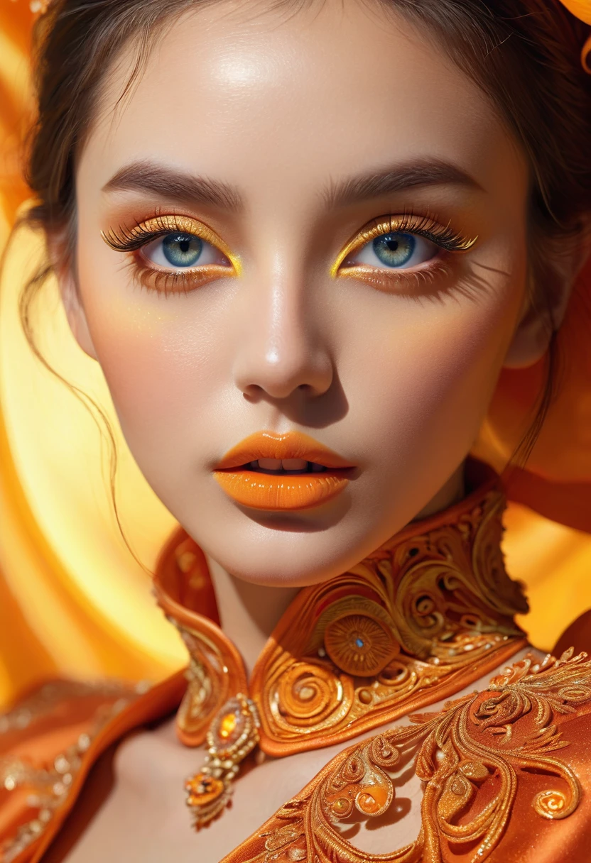 a woman wearing tangerine peel clothing, beautiful detailed eyes, beautiful detailed lips, extremely detailed eyes and face, long eyelashes, mesmerizing, elegant pose, natural setting, sunlight, warm tones, glowing skin, intricate details, photorealistic, 8k, high resolution, hyper detailed, studio lighting, vivid colors, cinematic lighting, dramatic lighting, fantasy, surreal, digital art