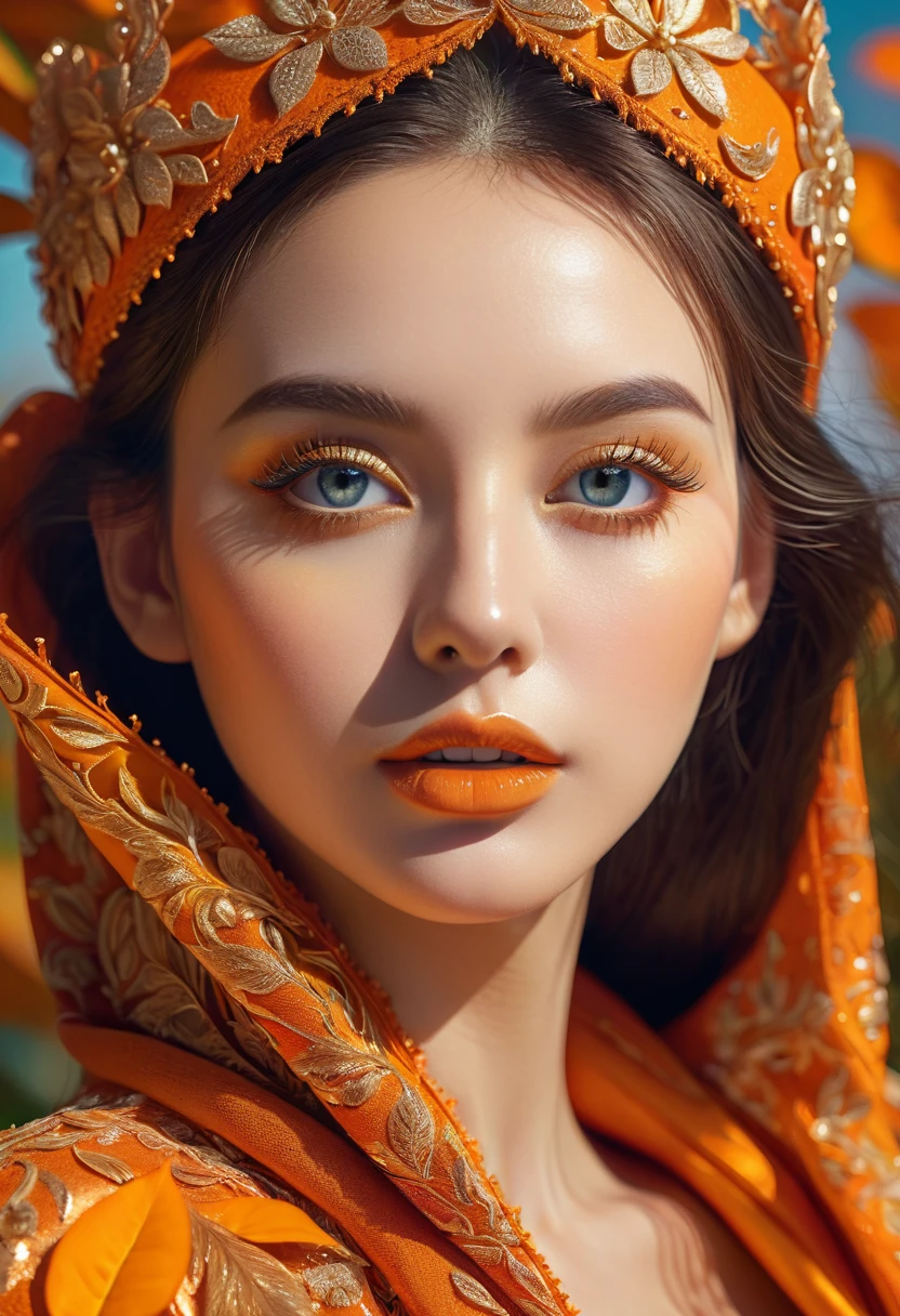 a woman wearing tangerine peel clothing, beautiful detailed eyes, beautiful detailed lips, extremely detailed eyes and face, long eyelashes, mesmerizing, elegant pose, natural setting, sunlight, warm tones, glowing skin, intricate details, photorealistic, 8k, high resolution, hyper detailed, studio lighting, vivid colors, cinematic lighting, dramatic lighting, fantasy, surreal, digital art