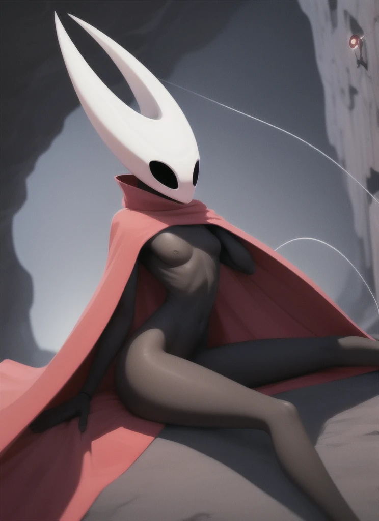 hornet, cute, chibi,  feet, furry girl, anthro, thread, He lies with his legs spread apart, solo, beautiful  body, skinny, open red small cloak, , medium ,  (best quality), (detailed dark cave background:1.2), looking at viewer, flat colors, 