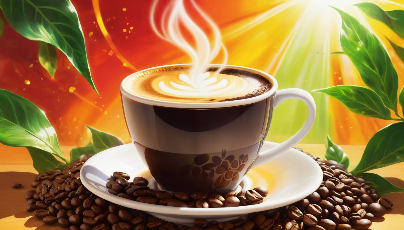 Create a vibrant, colorful image that represents the strength of coffee, in an anime style. In the center, place a steaming cup of coffee with a liquid of deep, rich color, emanating an energetic aura. Around the cup, add elements like bright coffee beans and fresh green leaves. Incorporate rays of golden light radiating from the cup to reinforce the feeling of energy. The background should be a kaleidoscope of bright colors like red, orange, yellow and green, creating a feeling of dynamism and power. The image should convey the idea that coffee is a powerful source of energy and revitalization, with an anime stylistic touch.