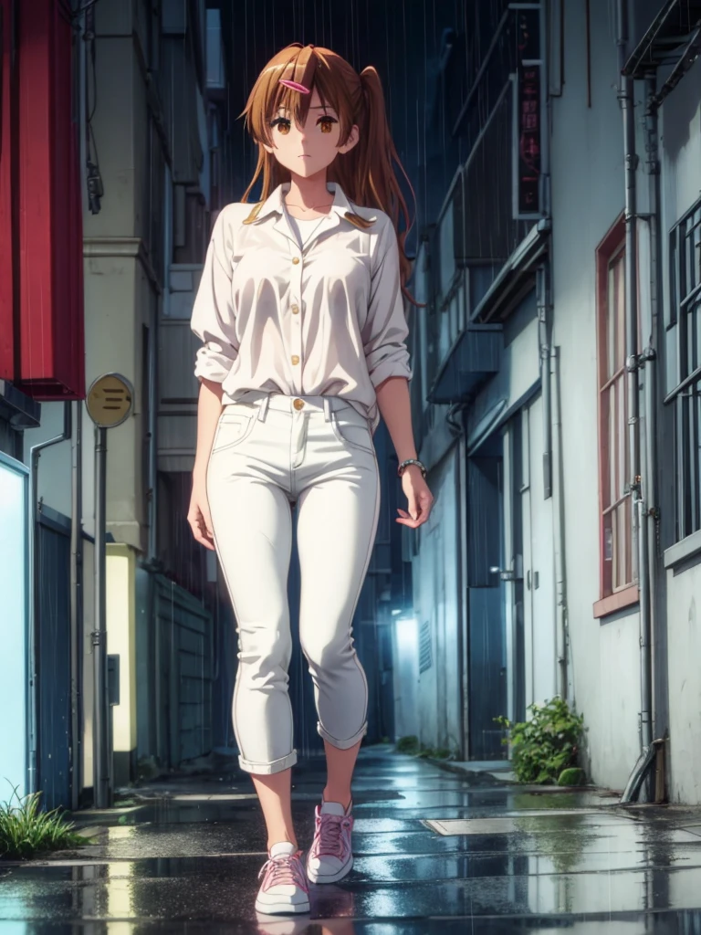 Girl, White jeans, Blue Unbuttoned  Blouse, street background, openlegs, night, Narrow alley between houses, night, rain, Sneakers