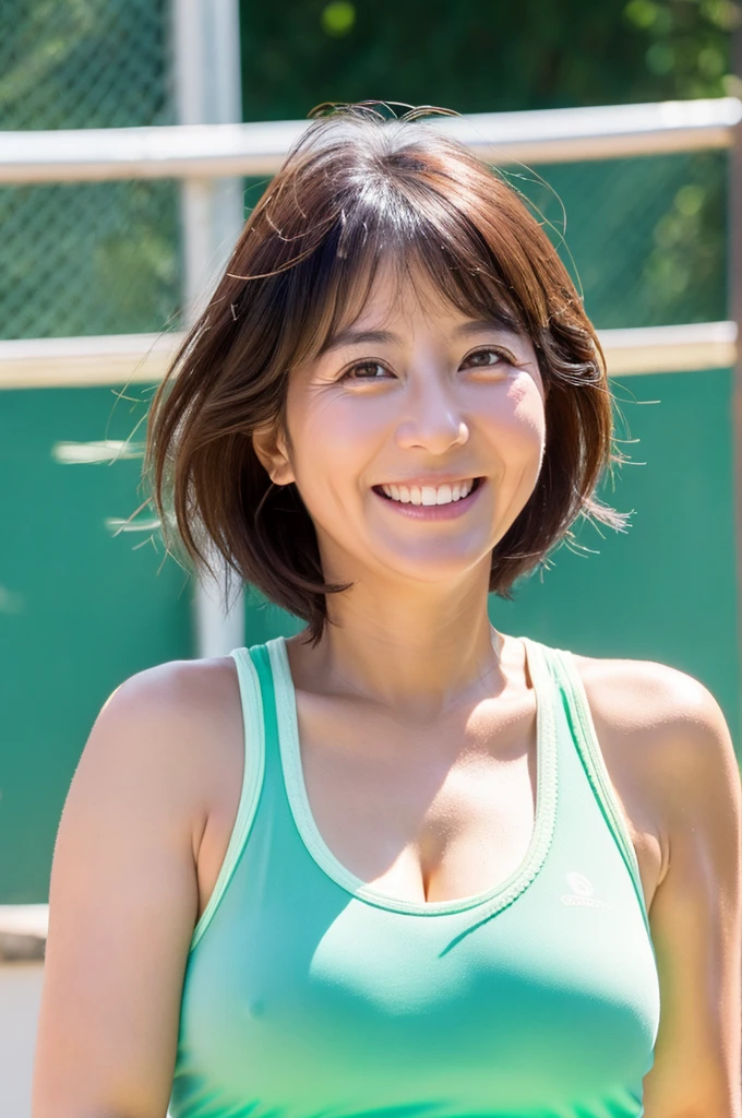 48 years old　Big Breasts　woman　A kind smile　Big eyes　Front teeth　Short Bob Hair　Japanese　classmate　Saggy breasts　Sexy appeal　Tennis Wear