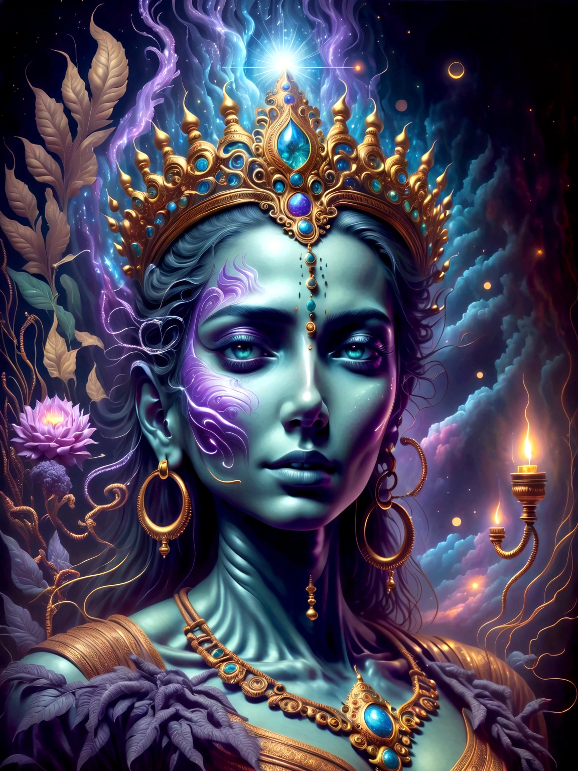 A cosmic scene featuring an extraterrestrial entity with demonic characteristics. The entity's form is composed of phosphorescent light, resembling the cosmic bodies in the dark universe around it. It is presented in a grand, epic manner, with it overlooking the Earth and radiating a mysteriously dark fire. The entity carries both esoteric and hidden aspects, akin to the Hindu god Shiva. A royal atmosphere fills the background, showcasing a large regal, intricate crown, indicative of high-ranking royal jewelry. Elements of both nature and robotics are woven into its design. The full shot is symmetrical, giving way to a balanced composition. Interplay of hyperrealistic textures and dynamic lighting creates a fantastical look. Note that the style should resemble pre-20th century romanticism in oil painting, highlighting dramatic, emotional impacts.