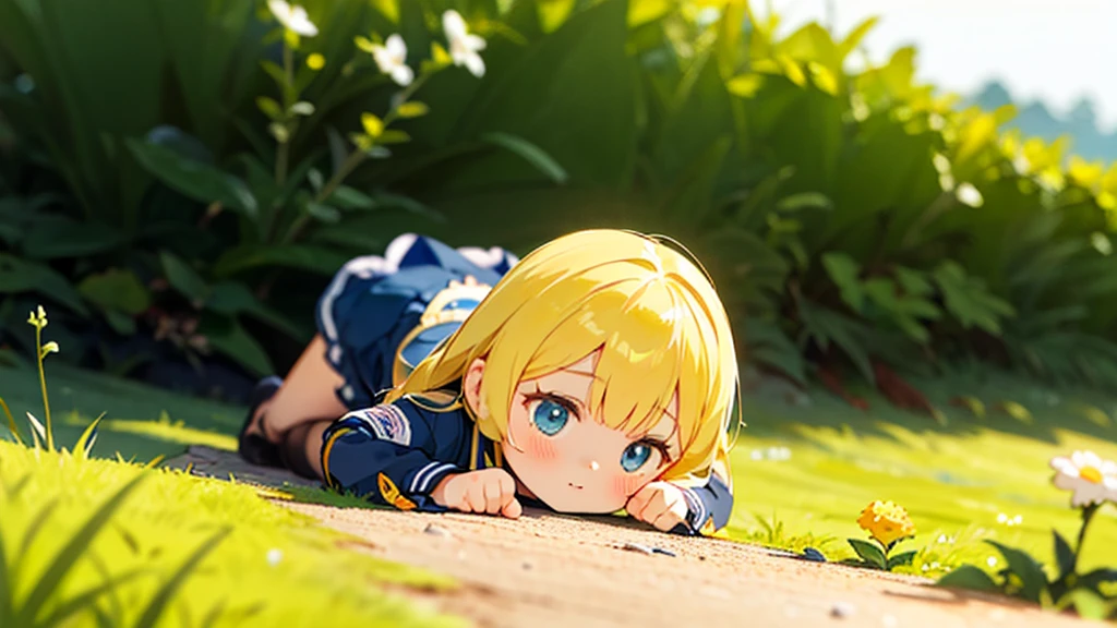 Girl doll、bank、river、bridge、Enjoying airsoft、uniform、Crawling through the grass,octane render、(Hyper-detailing: 1.15)、cinematic lightening、super fine eyes、Full Paint、Anatomically correct、Blur、Depth of written boundary