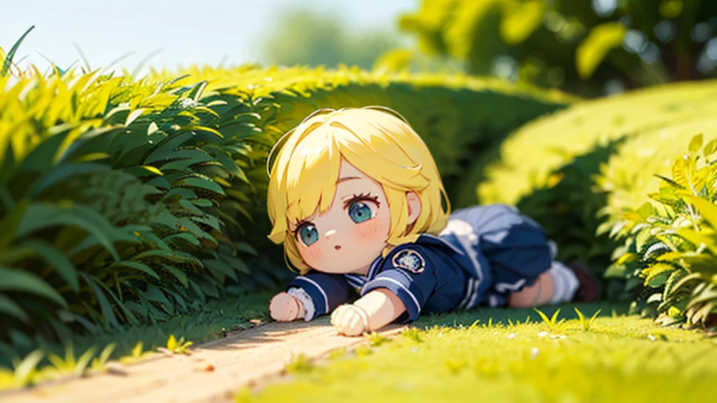 Girl doll、bank、river、bridge、Enjoying airsoft、uniform、Crawling through the grass,octane render、(Hyper-detailing: 1.15)、cinematic lightening、super fine eyes、Full Paint、Anatomically correct、Blur、Depth of written boundary