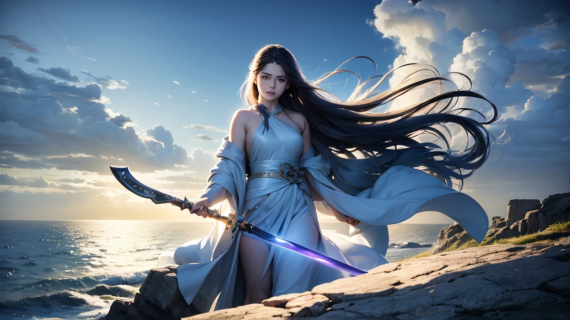 A spellbinding scene unfolds atop a windswept cliff, where a mystical figure stands in focus: a fierce warrior wielding a gleaming sword. An enigmatic wizard, bathed in a soft light, weaves magic with intricate gestures. Their celestial aura is enhanced by a flowing blue cloak billowing in the tempestuous wind. This vivid tableau, perhaps a stunning painting, radiates exceptional detail and artistry, evoking a sense of awe and intrigue.