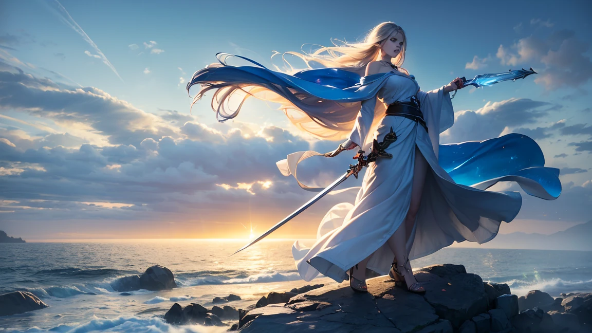 A spellbinding scene unfolds atop a windswept cliff, where a mystical figure stands in focus: a fierce warrior wielding a gleaming sword. An enigmatic wizard, bathed in a soft light, weaves magic with intricate gestures. Their celestial aura is enhanced by a flowing blue cloak billowing in the tempestuous wind. This vivid tableau, perhaps a stunning painting, radiates exceptional detail and artistry, evoking a sense of awe and intrigue.