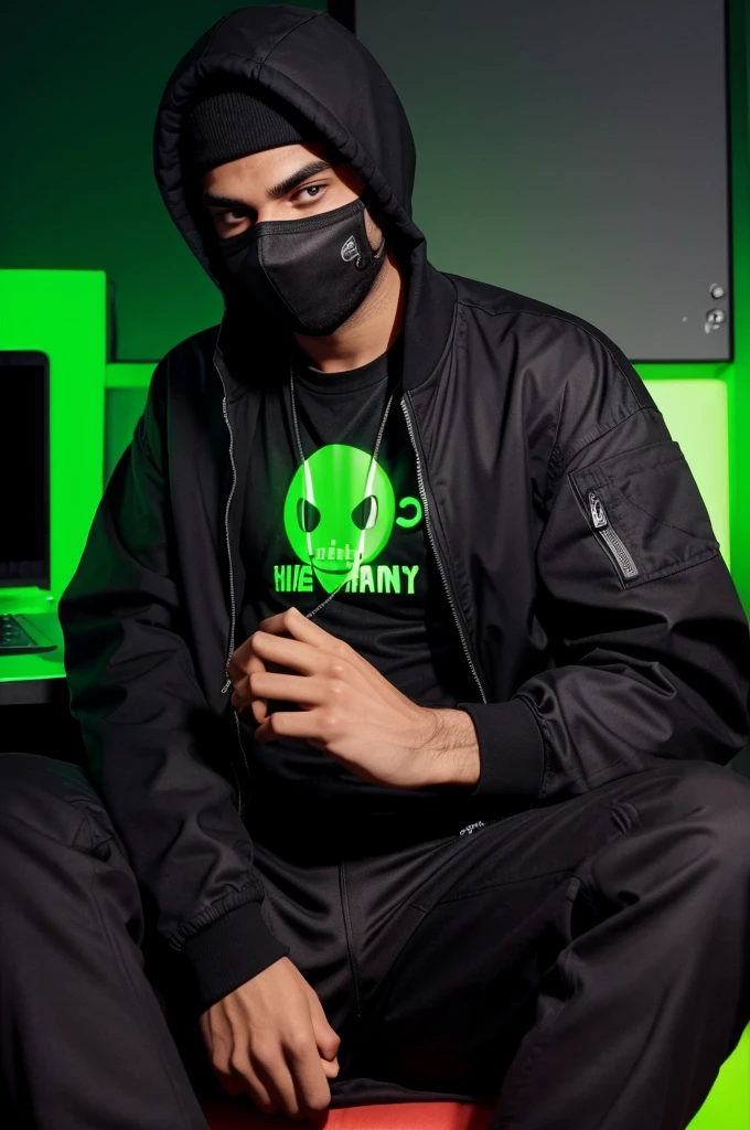 Create such a cartoon logo on Jahan, a hacker is sitting in his room with his laptop and is hacking Youtube and he is wearing a black jacket and his face is not even visible because of the top of the jacket and he is using it and filling his room. The hacker guy is sitting there and there is a neon green light around him and there is a boy.