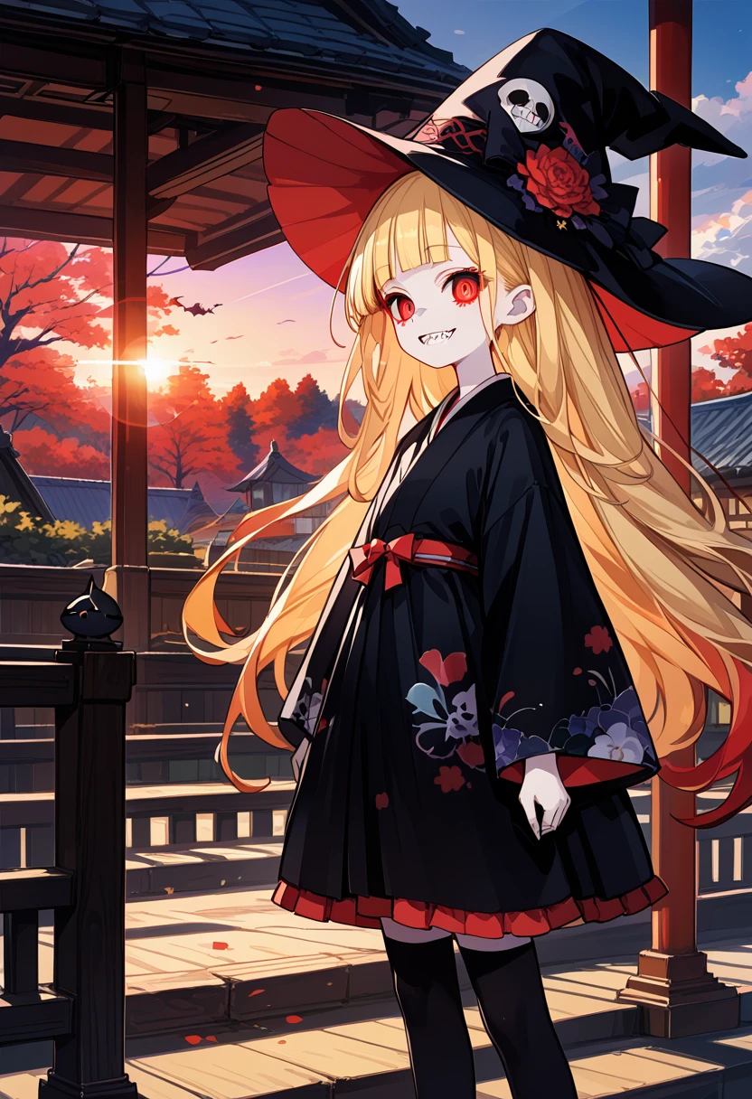 score_9, score_8_up,score_7_up,1 girl,solo,10 years old,(female child:1.5),(vampire:1.5),(witch:1.3),(europian:1.5),emaciated,red eyes,(slant eyes,tsurime:1.2),(blonde hair,very long hair,blunt bangs,straight hair:1.1),flat chest,(pale skin:1.5),(sharp teeth:1.5),(gothic lolita,black yukata:1.1),(black thighhighs:1.3),pointy hat,(kimono:1.1),(grin:1.5),skinny,outdoor,walking japanese airport,
(Rembrandt lighting, colorful reaction, lens flare, bloom,film Reflection),