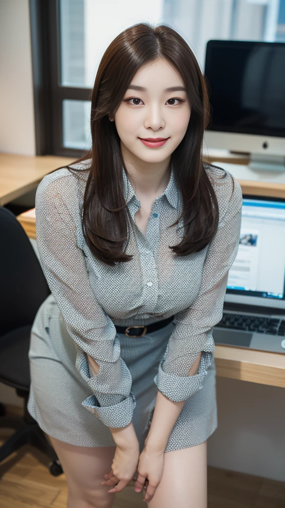 ((top-quality、​masterpiece、photographrealistic:1.4、in 8K))、Beautuful Women１a person、25years old、delicate and beautiful face、Eyes and faces with detailed 、(Modern workplace with computer:1.2)、(Shirt:1.2)、(standing:1.2)、A smile、Beautiful lighting、Textured skin、Super Detail、high detailing、High quality、hight resolution、（looking at the viewers）、Detailed mouth、Opening Mouth、full body Esbian、tight skirts、Women at work、Fishnet Stockings、Coffee、window、Women who can work、high-heels