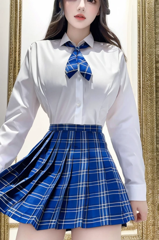(8k, best quality, masterpiece:1.2), realistic, ultra highres, intricate details,
1girl,beautiful face, jk suit,white shirt,Blue tie,Tartan check skirt,pleated skirt, big breasts, the whole body,