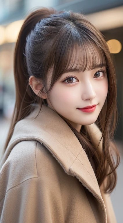 Tabletop, Highest quality, shape, Very detailed, finely, High resolution, 8K壁紙完璧なダイナミックな構shape, Beautiful and exquisite, Straight hair, Small breasts, Natural color lip, Random sexy poses,smile,20-year-old girl、Midnight、くDetailed face、Perfect and beautiful face,Big eyes、RAW Photos、Feminine pose with the whole body、Beautiful and exquisite、Small face、Beautiful Duplex、Slim face and figure,Luxury brand mink coat(internal：Winter clothes)、Beautiful golden ratio face,Twin ponytail,Bright expression,A shoot that focuses on beautiful legs、Actual Photos、 (Get closer to the face, Make your face bigger, Face Focus:1.0), break, (masterpiece, Highest quality, Very detailed, Detailed face, 8K)、Actual Photos、Perfect and beautiful face、Blur the background、smile