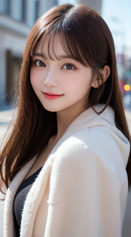 Tabletop, Highest quality, shape, Very detailed, finely, High resolution, 8K壁紙完璧なダイナミックな構shape, Beautiful and exquisite, Straight hair, Small breasts, Natural color lip, Random sexy poses,smile,20-year-old girl、Midnight、くDetailed face、Perfect and beautiful face,Big eyes、RAW Photos、Feminine pose with the whole body、Beautiful and exquisite、Small face、Beautiful Duplex、Slim face and figure,Luxury brand mink coat(internal:Winter clothes)、Beautiful golden ratio face,Twin ponytail,Bright expression,A shoot that focuses on beautiful legs、Actual Photos、 (Get closer to the face, Make your face bigger, Face Focus:1.0), break, (masterpiece, Highest quality, Very detailed, Detailed face, 8K)、Actual Photos、Perfect and beautiful face、Blur the background、smile